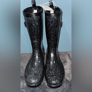 NWT Capelli New York Rain Boots Womens 7 Black Rubber Pull On Glitter